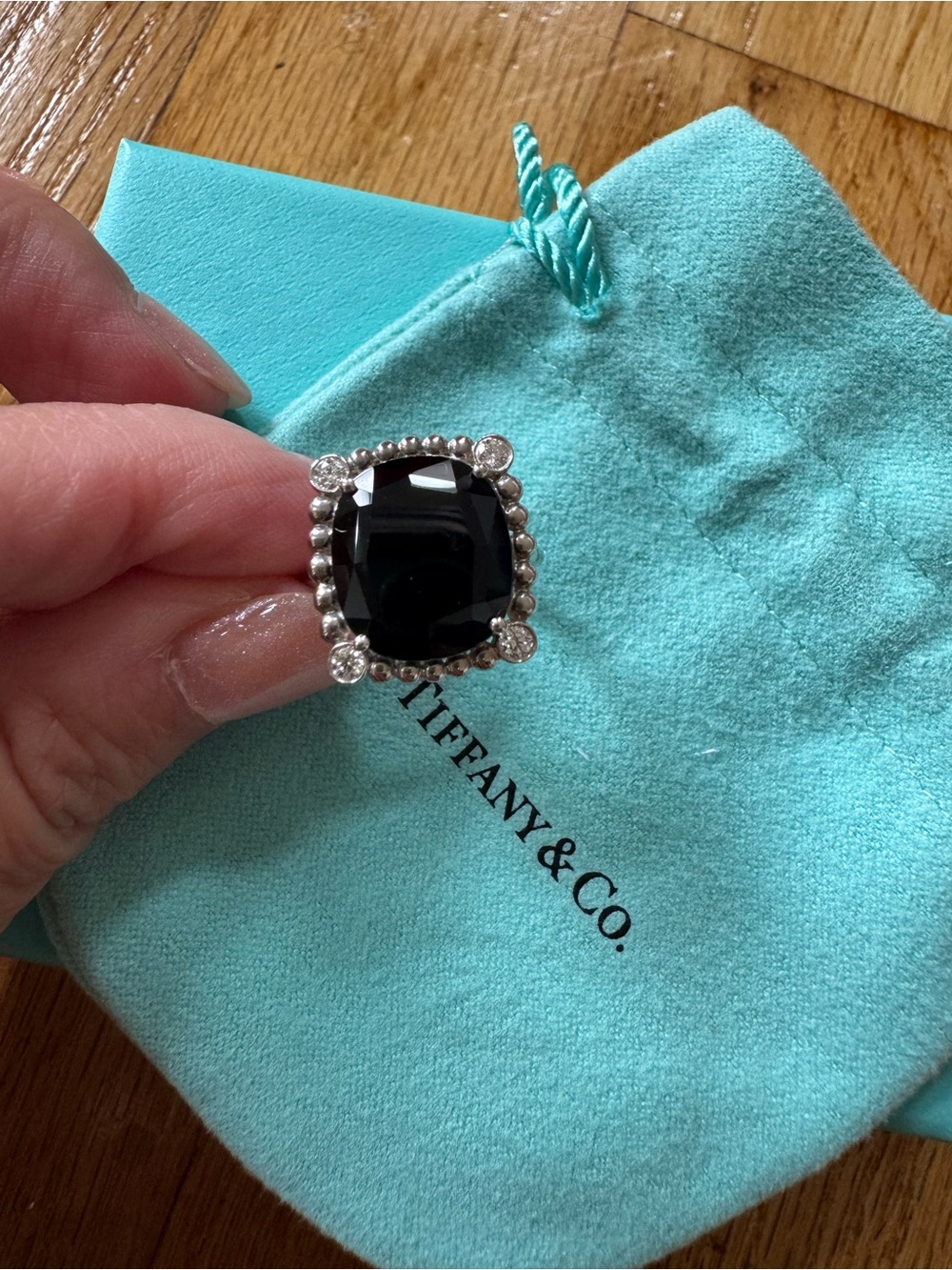 Tiffany & Co. Black Onyx Cushion with Diamond Ziegfeld Cocktail Ring